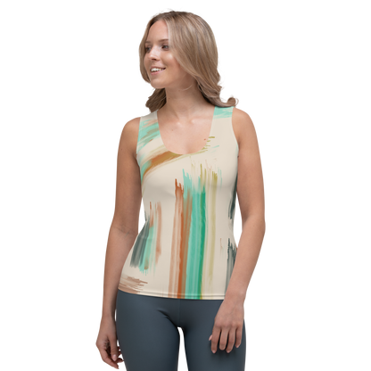 Sleeveless tank top with aqua, teal, terracotta, and beige abstract strokes.