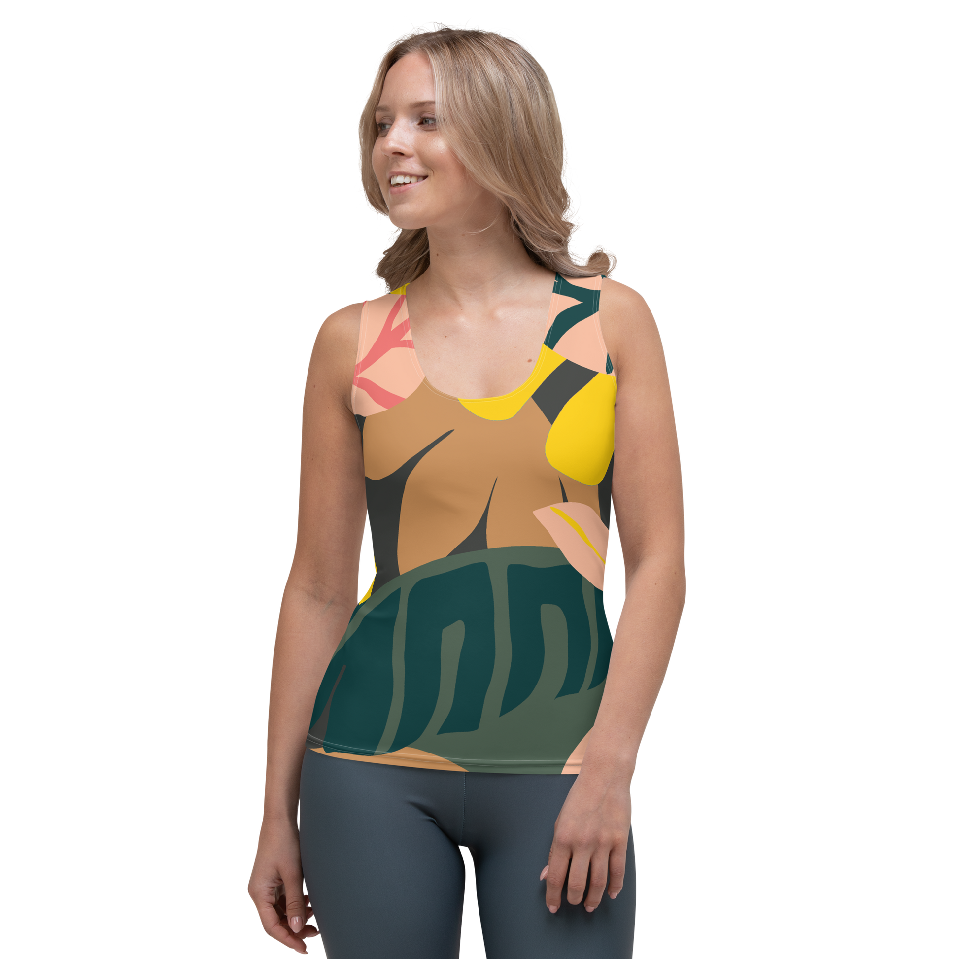 Tank top with abstract swirling leaves in yellow, pink, brown, and green.
