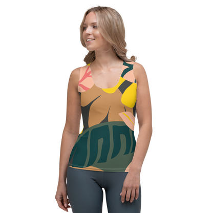 Tank top with abstract swirling leaves in yellow, pink, brown, and green.