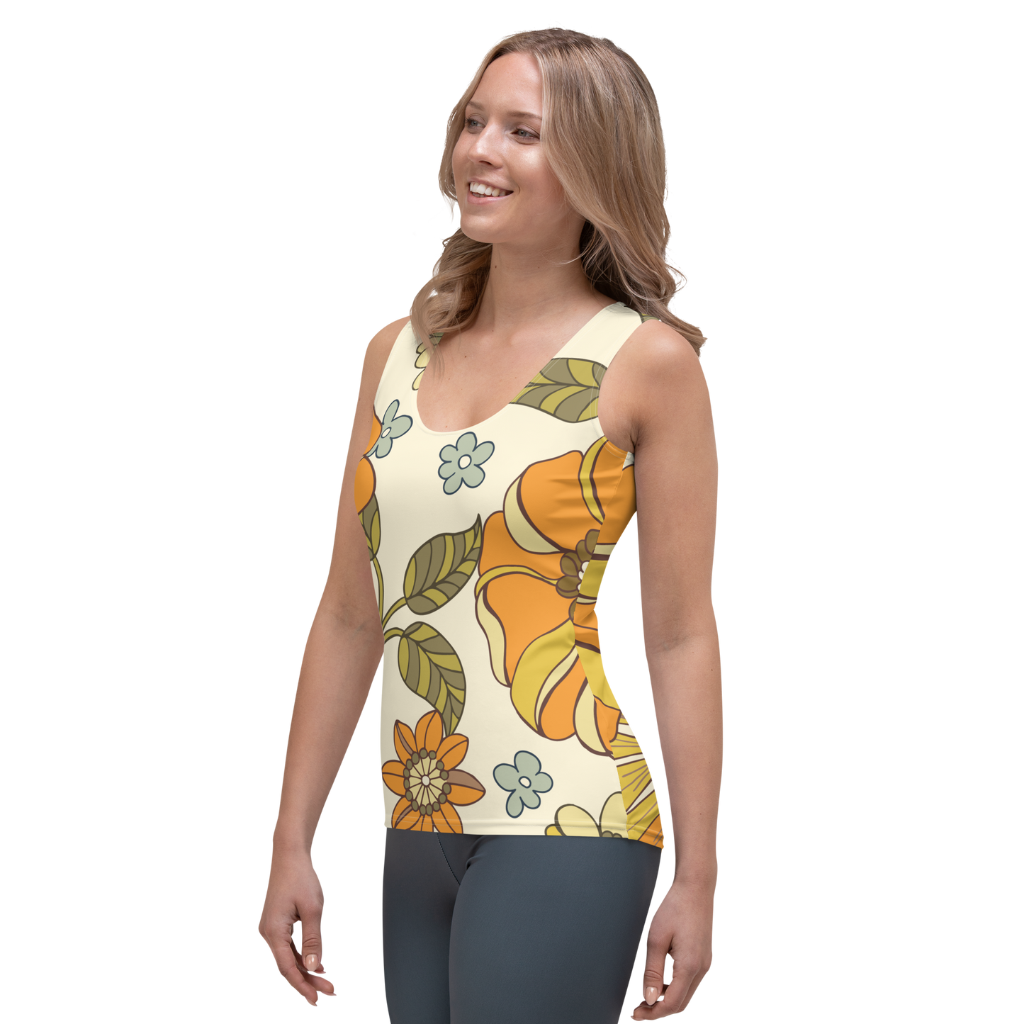 Cream-colored tank top with large orange and yellow retro floral print.