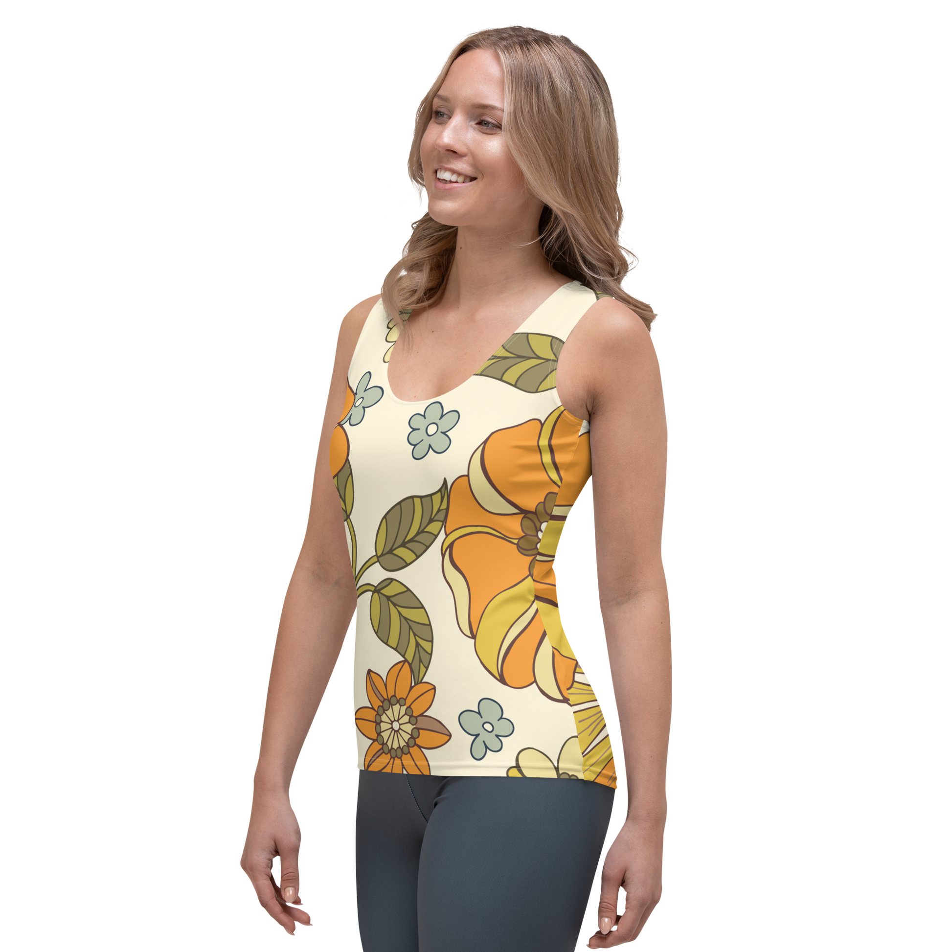 Cream-colored tank top with large orange and yellow retro floral print.