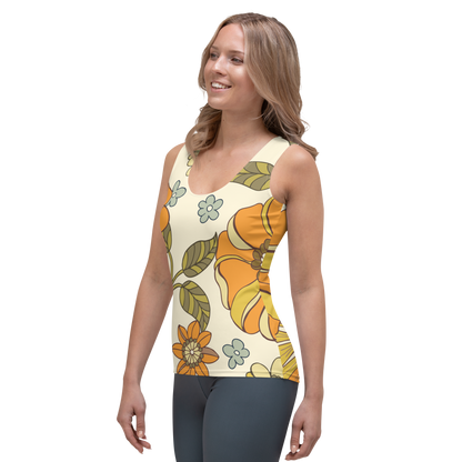 Cream-colored tank top with large orange and yellow retro floral print.