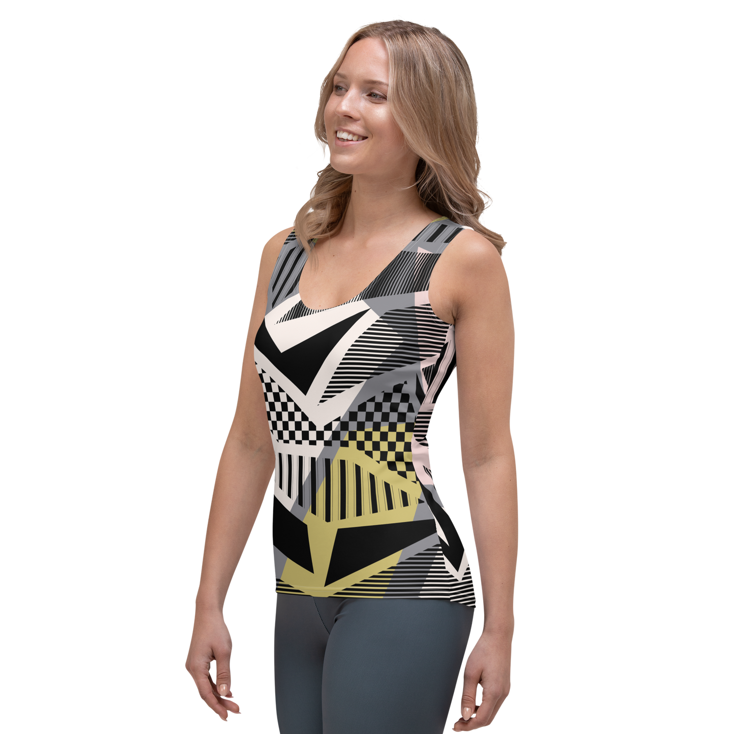 Women's tank top with black white geometric and yellow block patterns.