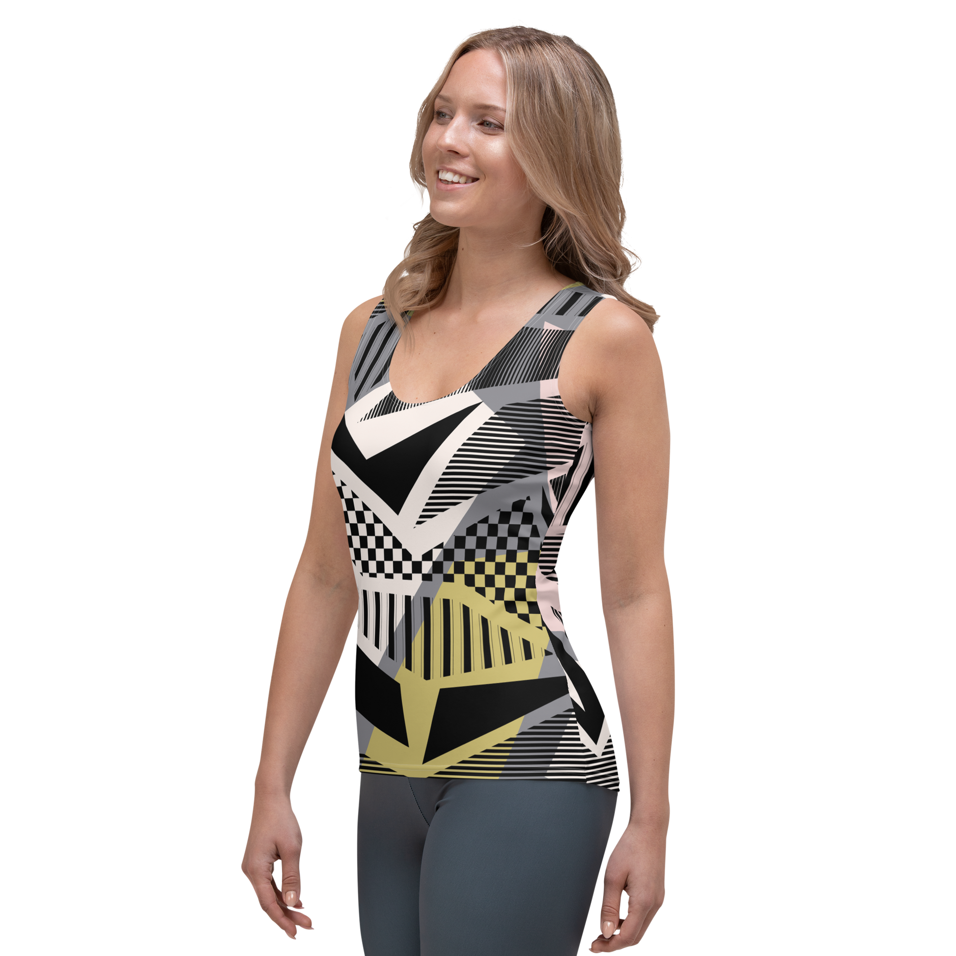 Women's tank top with black white geometric and yellow block patterns.