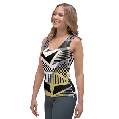 Women's tank top with black white geometric and yellow block patterns.
