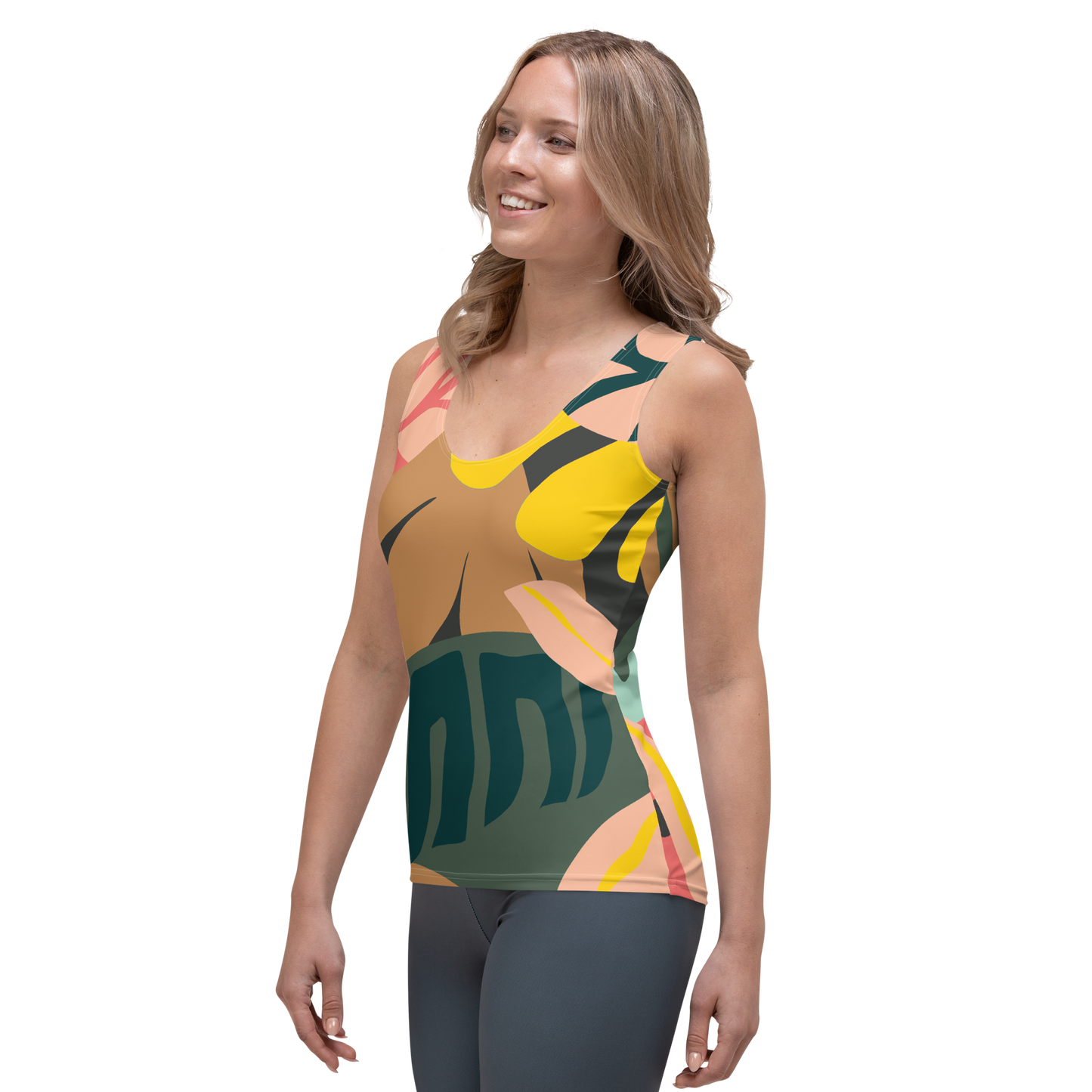 Tank top with abstract leaf pattern in yellow, pink, brown, and green.