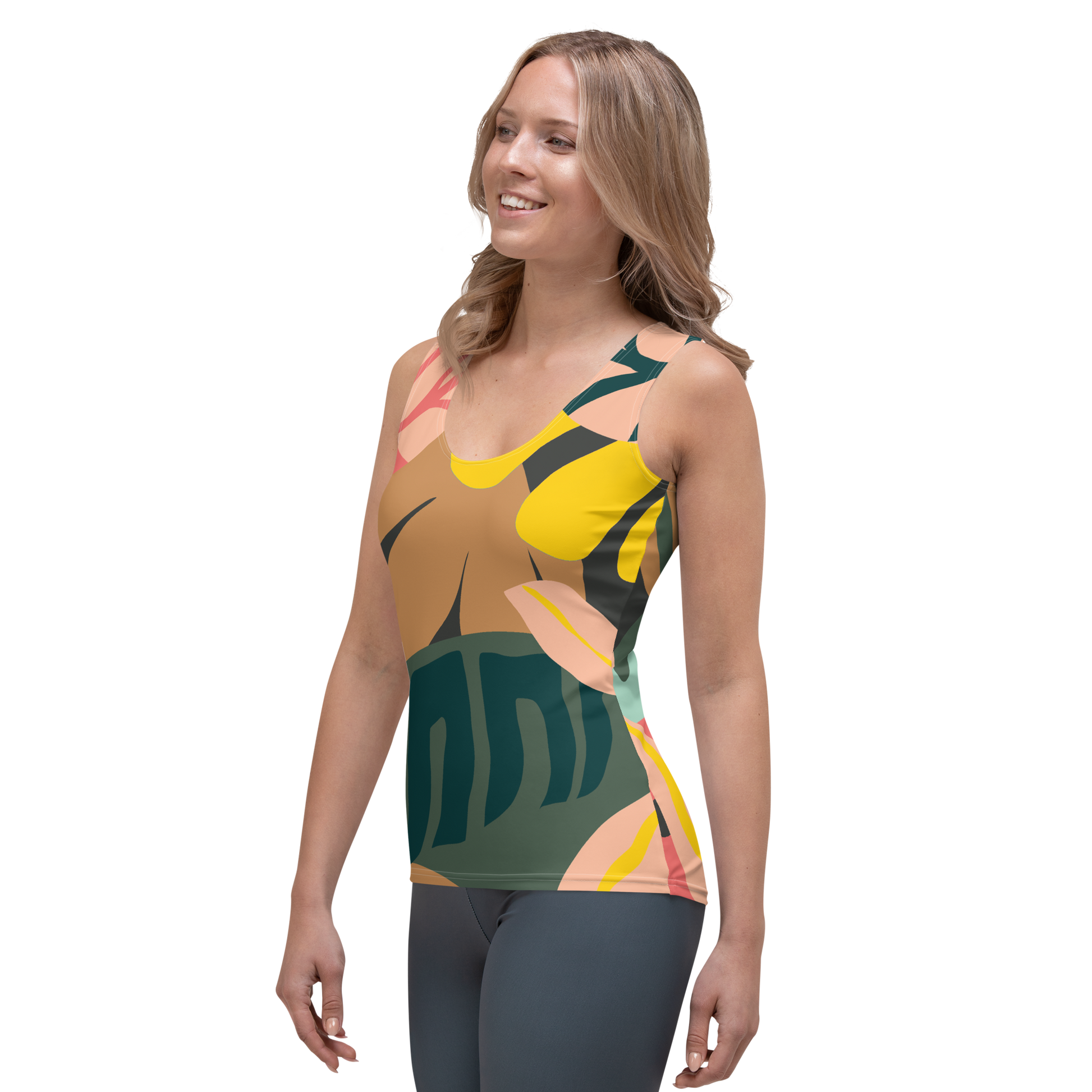 Tank top with abstract leaf pattern in yellow, pink, brown, and green.
