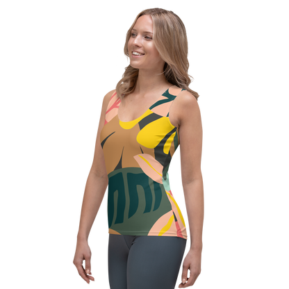 Tank top with abstract leaf pattern in yellow, pink, brown, and green.