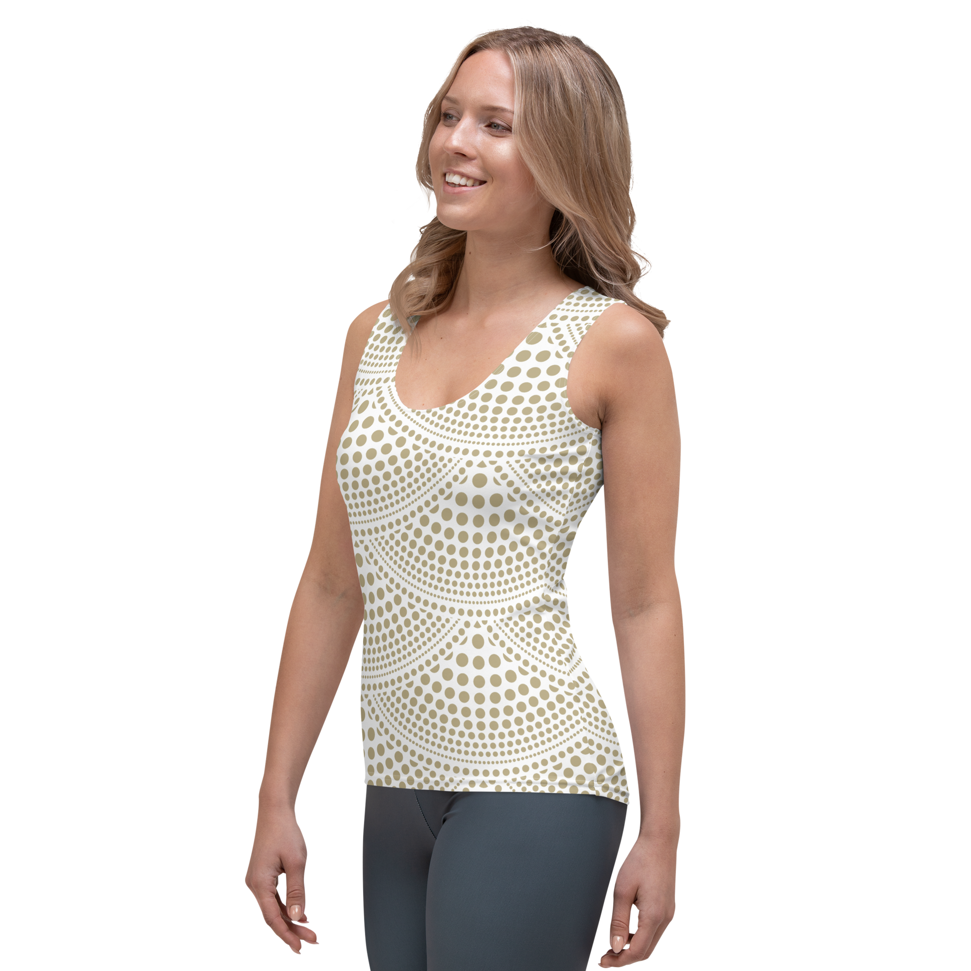 Cream tank top with light beige dotted arc patterns throughout the fabric.