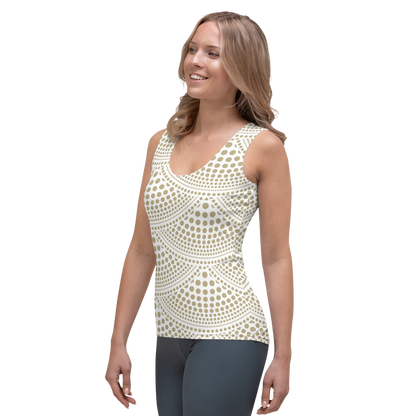 Cream tank top with light beige dotted arc patterns throughout the fabric.