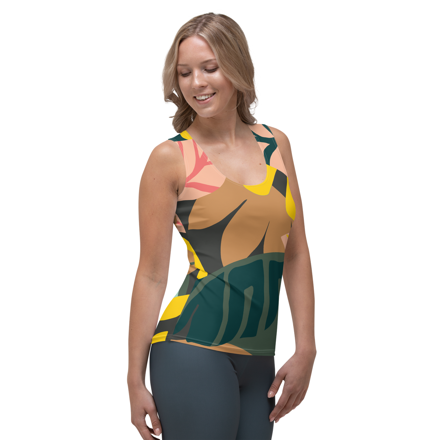 Tank top with abstract leaves in yellow, pink, brown, and green.
