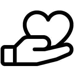 Black outline of a hand holding a heart on a white background.