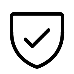 Black shield icon with a check mark on a white background.