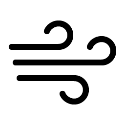 Black icon of a wind symbol with two curved lines on a white background.