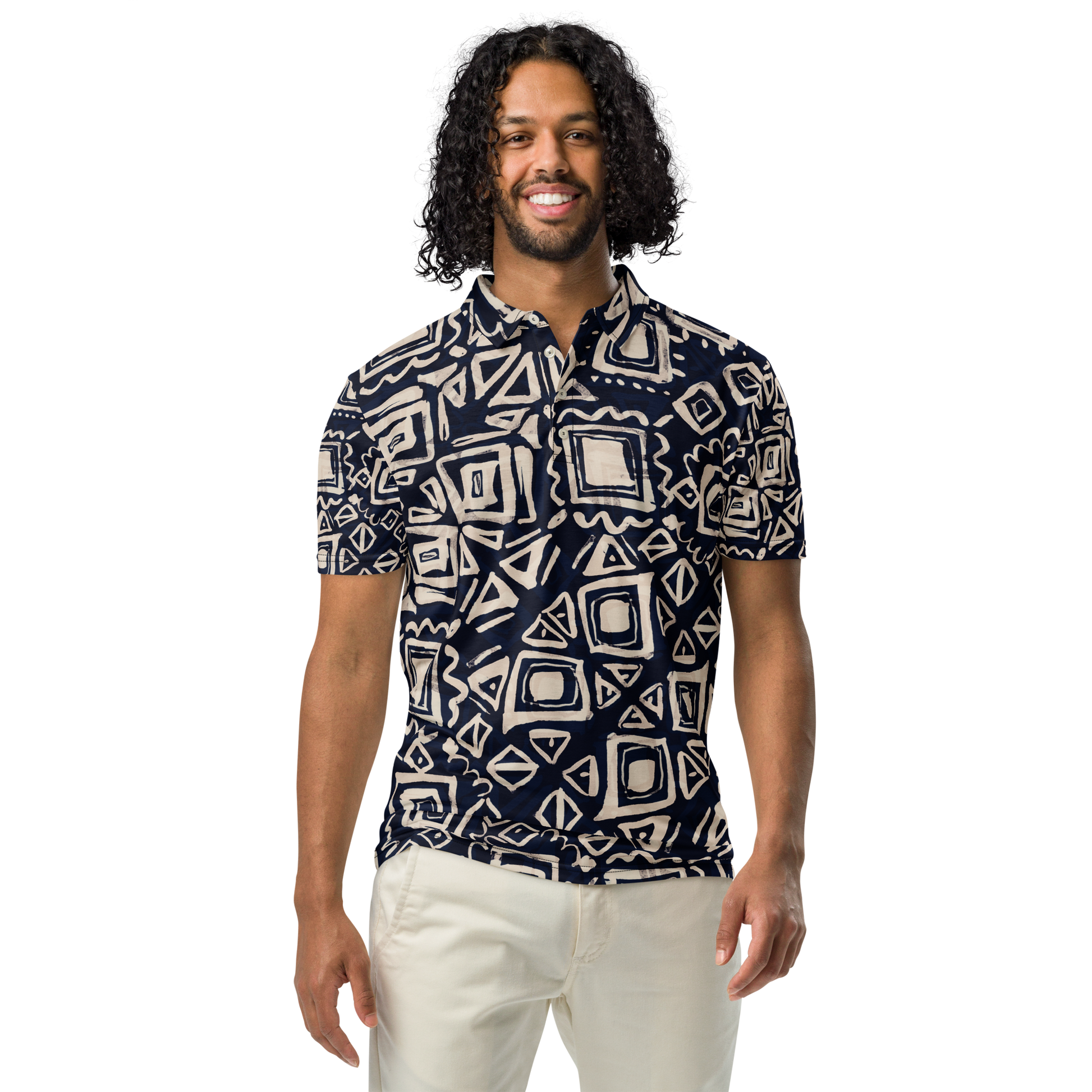 Navy Geometric Short Sleeve - Modern Polo Shirt - Size S | Tag & Stitch Navy Geometric Short Sleeve - Modern Polo Shirt - Size S | Tag & Stitch